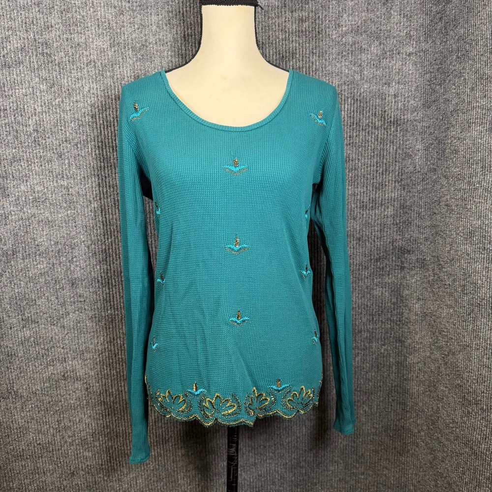 Vintage Y2K Lucky Brand Thermal Shirt Womens L Teal Boho Beads India Waffle Knit